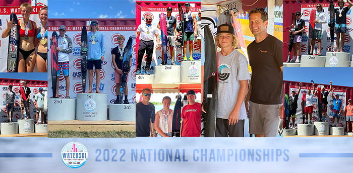 Collage of Connelly skiers celebrating podium finishes at the 2022 National Championships, with medals and event banners.