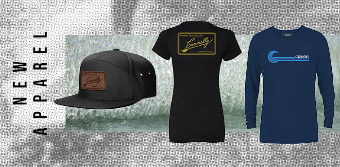 Connelly’s new apparel line featuring a black snapback hat, a vintage-style t-shirt, and a blue long-sleeve shirt with logo.