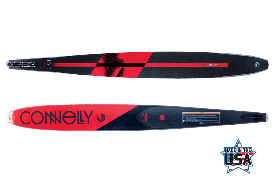 Connelly DV8 water ski in red and black design, proudly made in the USA.