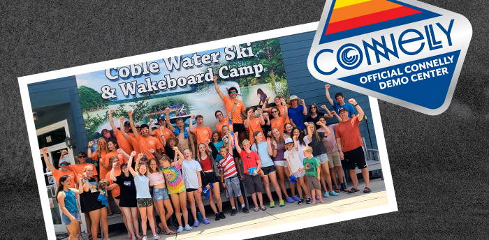 Campers and instructors cheer in front of Coble Water Ski & Wakeboard Camp sign, with the Connelly Demo Center logo overlay.