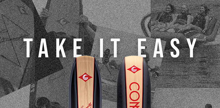 ‘Take It Easy’ text over a collage of watersports images, with Connelly’s Big Easy skis with a woodgrain and black design.