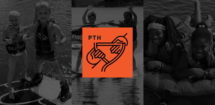 Collage of kids wakeboarding, tubing, and boating, with an orange Pass the Handle logo in the center.