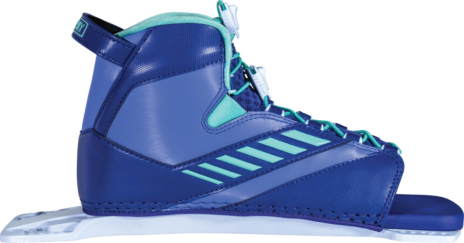 Right-side view of 2024 Women's Shadow Rear binding featuring blue and teal design with adjustable fit and reinforced heel.