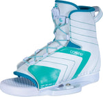 Left-angled view of the Women's Optima boot displaying its white, teal, and blue color scheme with a lace tightening system.