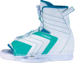 Left outside view of the Women's Optima boot with a white design, teal highlights, lace-up front, and open-toe construction.