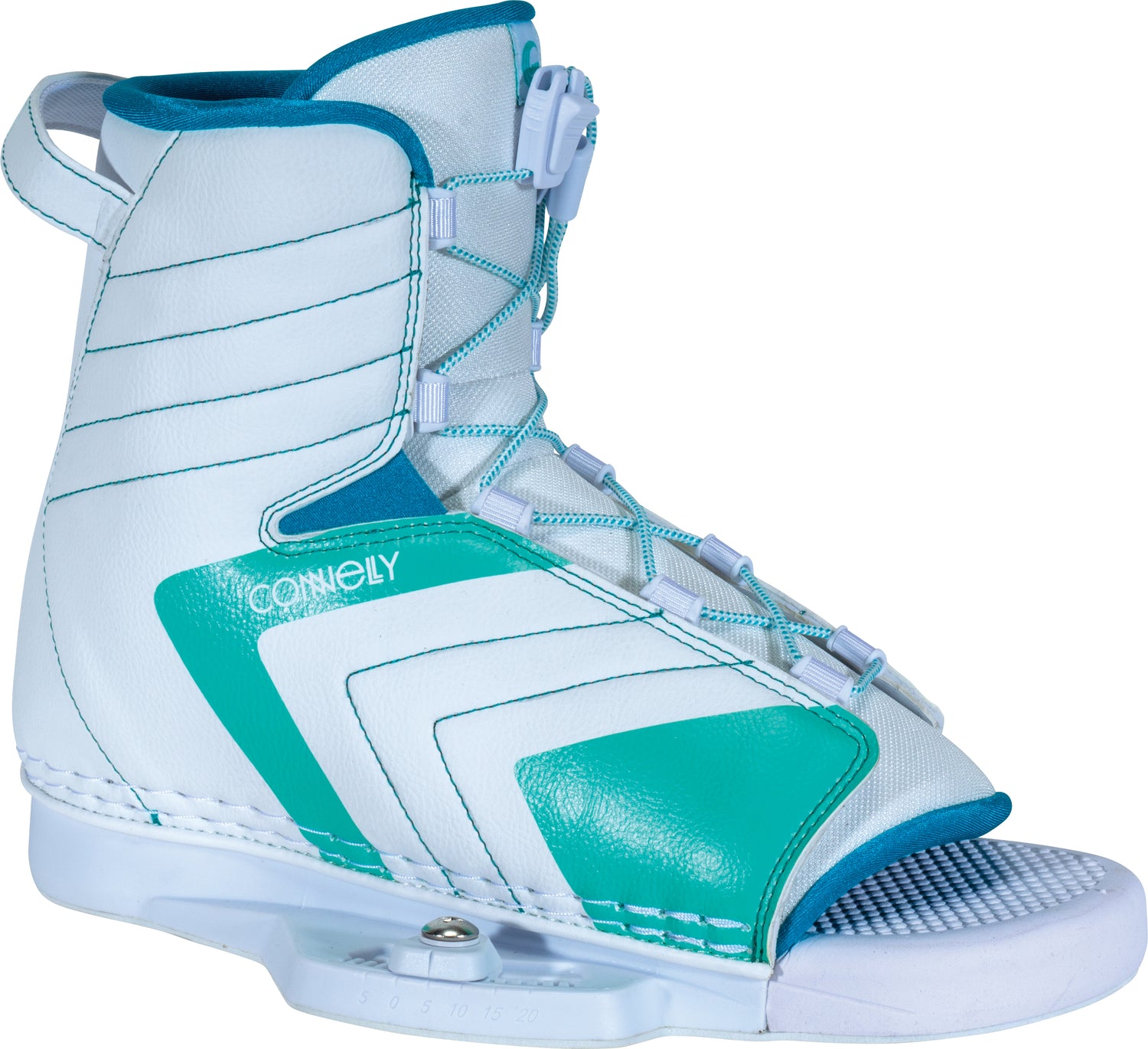 Side view of the Optima wakeboard binding, showcasing a white boot with teal accents, lace-up closure, and open-toe design.