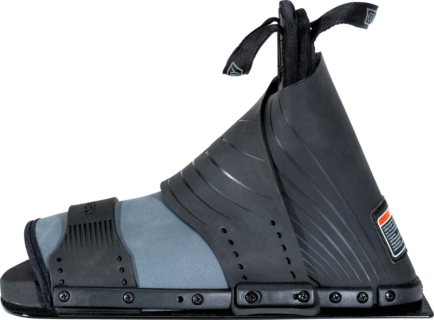 Side view of the Comp Front open-toe water ski binding featuring a supportive structure and a contoured footbed.