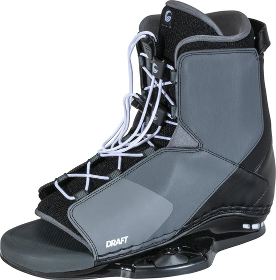 Left angle view of the Draft wakeboard binding in black and gray, featuring open-toe design, lace system, and baseplate.