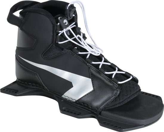 Front right angle view of the Shadow wakeboard binding in black with silver, featuring white laces and an open-toe design.