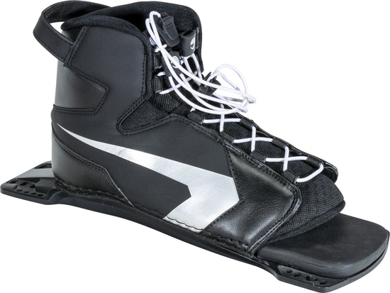 Angled view of the Shadow Rear binding in black with a silver geometric design, white laces, and an open-toe construction.