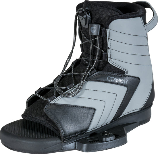 Left angle view of the Optima wakeboard binding in black and gray with an open-toe design and secure lacing system.