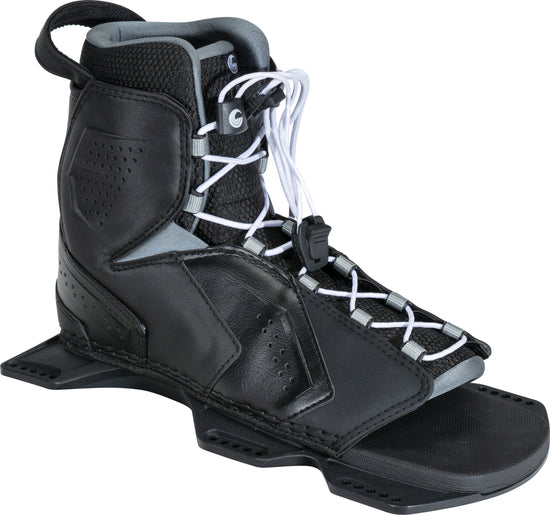 Angled view of the front Tempest boot in black with gray accents, featuring white laces and reinforced padding.