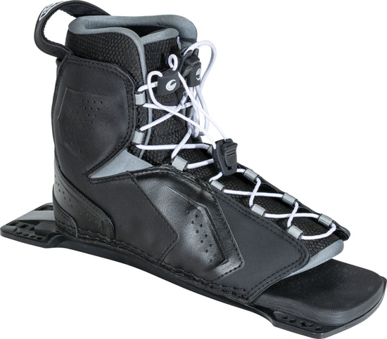 Angled view of the rear Tempest boot in black, showcasing a high ankle cuff, white laces, and a sturdy heel pull tab.