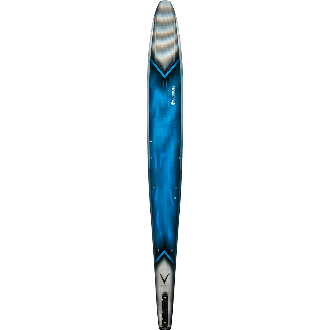 Top view of the 2024 Connelly V ski, showcasing a sleek blue gradient with a carbon fiber detail near the tail.