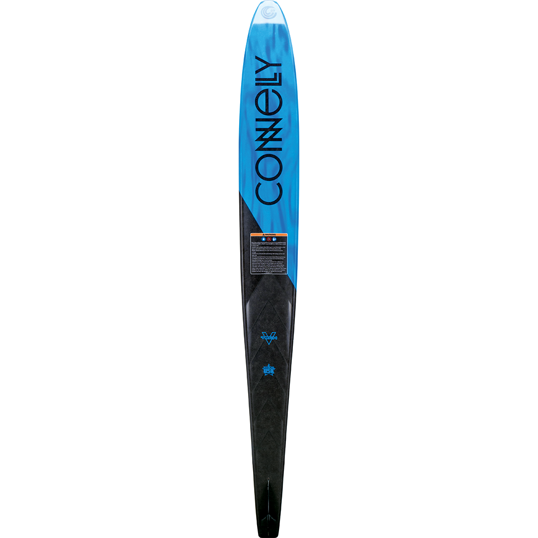 Base view of the 2024 Connelly V ski, featuring a blue and black design with bold Connelly branding.