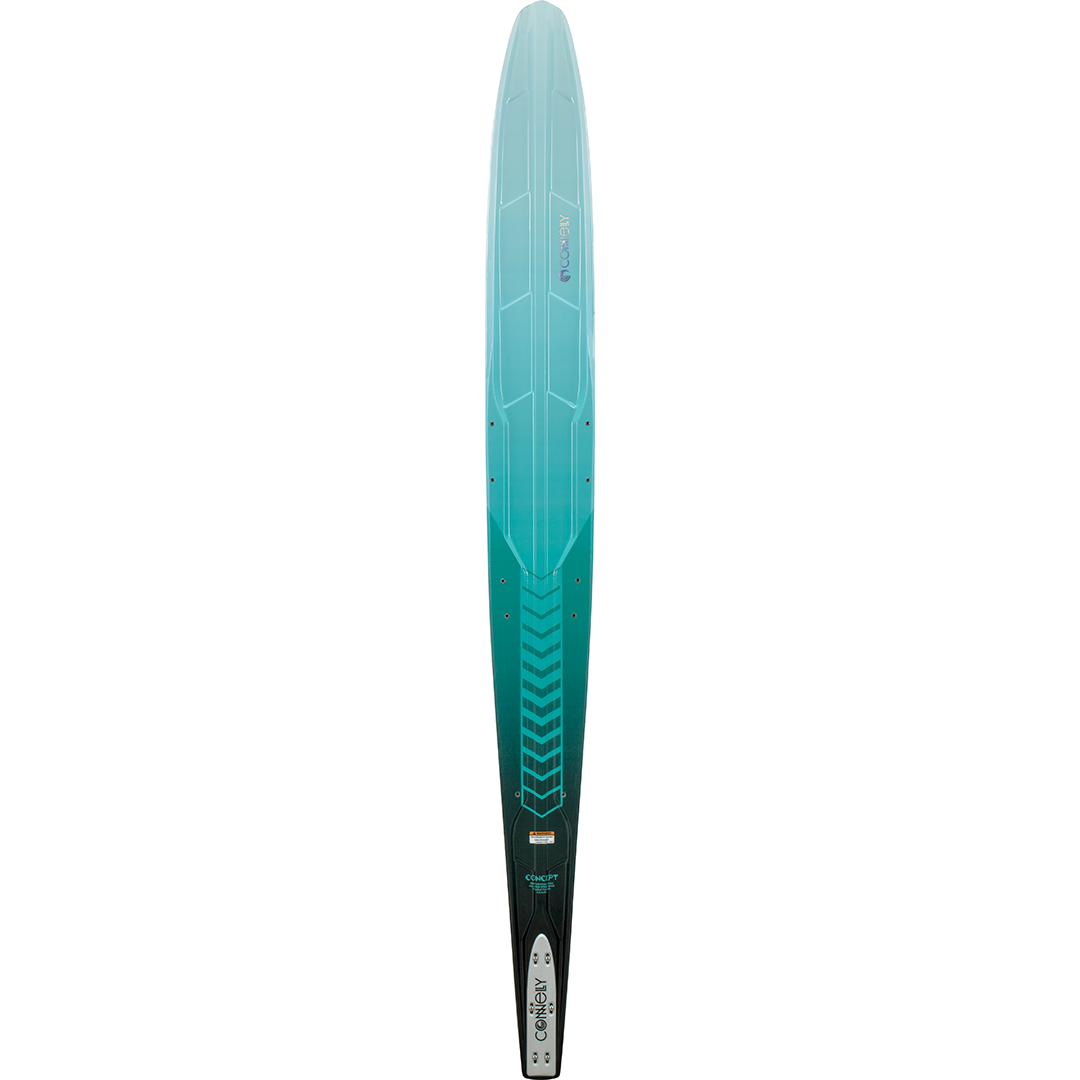 Top view of 2024 Women's Concept waterski featuring a teal gradient design with geometric accents and subtle branding.