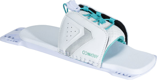 Angled view of the Lace Adjustable RTP, featuring a white base with silver and teal accents for secure rear foot placement.