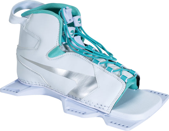 Angled right view of the Women's Shadow Front boot, showing a white and teal open-toe design with a silver accent.