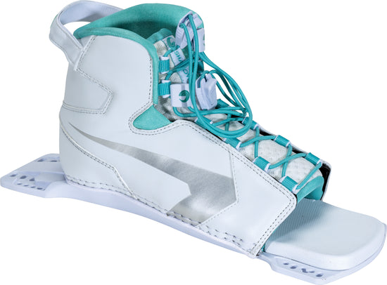 Angled right view of the Women's Shadow Rear, a white open-toe waterski binding with teal accents and silver details.