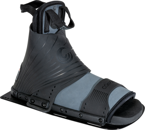 Comp Front black and gray open-toe water ski binding with a tall overlay and adjustable straps for a secure fit.