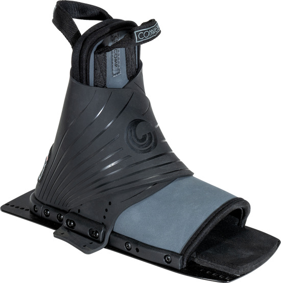 Right angle view of Comp Rear black and gray open-toe water ski binding with a tall overlay and adjustable straps.