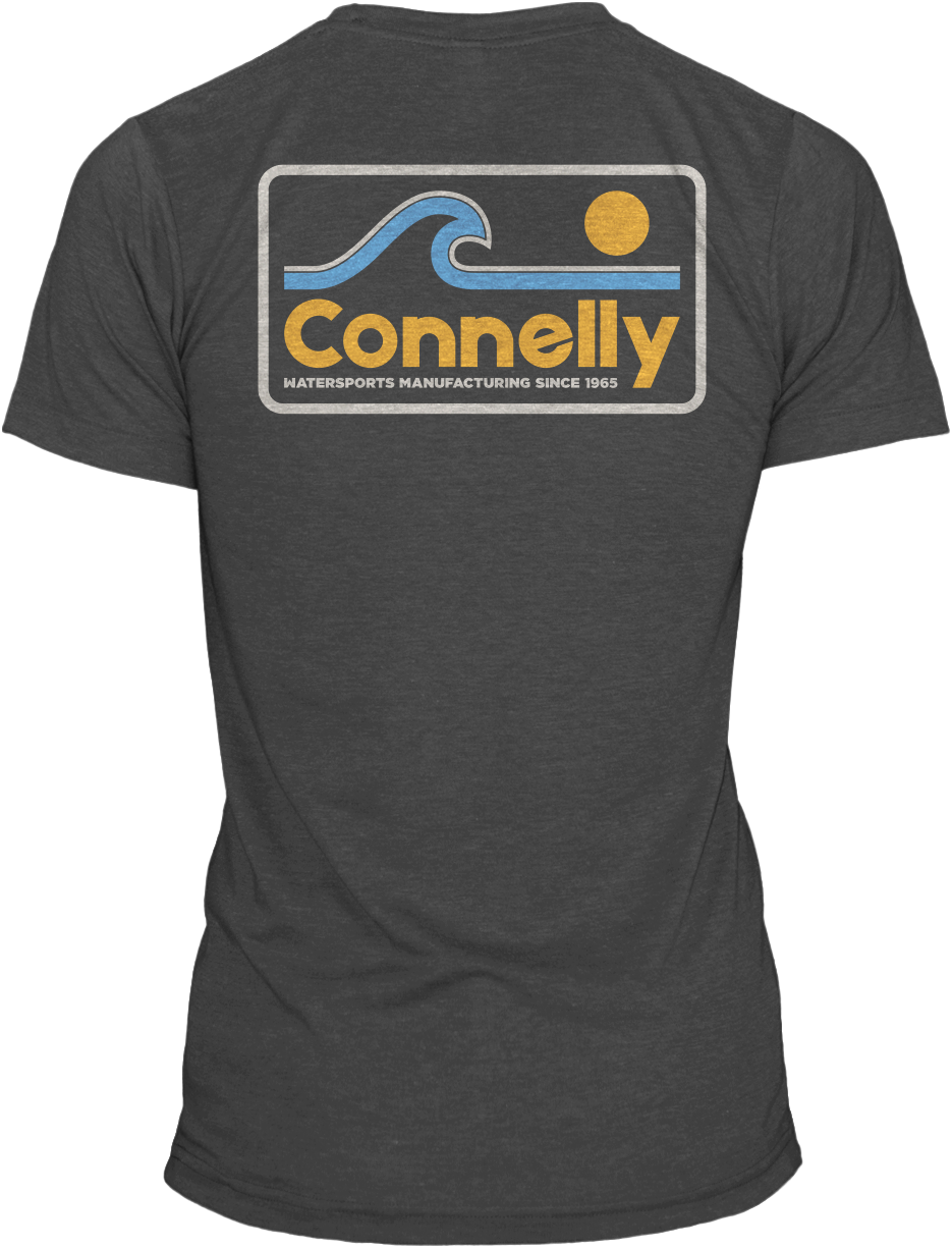 Back view of the Surf Tee in dark gray featuring a retro graphic with a blue wave, yellow sun, and "Connelly" text.