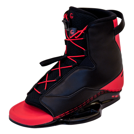 Black and red Empire wakeboard boot shown at a left-side angle, featuring red laces and open toe.