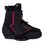 Right side view of the Faction wakeboard binding with a black boot, red angular detailing, and molded baseplate.