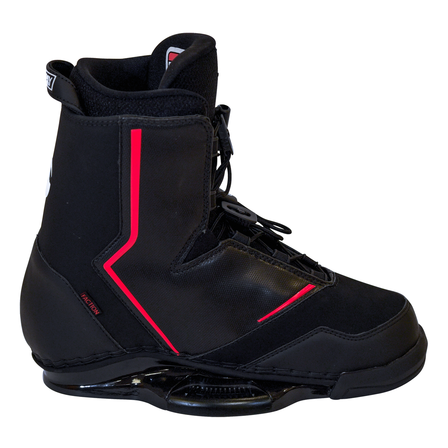 Right side view of the Faction wakeboard binding with a black boot, red angular detailing, and molded baseplate.