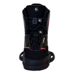 Front view of the Faction wakeboard binding with a black design, red accents, dual-zone laces, and a cushioned tongue.