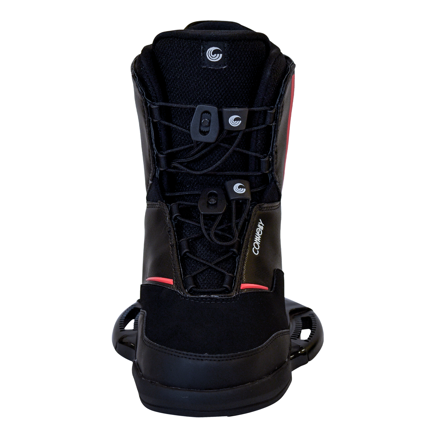 Front view of the Faction wakeboard binding with a black design, red accents, dual-zone laces, and a cushioned tongue.