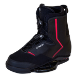 Right angled view of the Faction wakeboard binding with a black boot, red trim, lace-up system, and ergonomic ankle support.