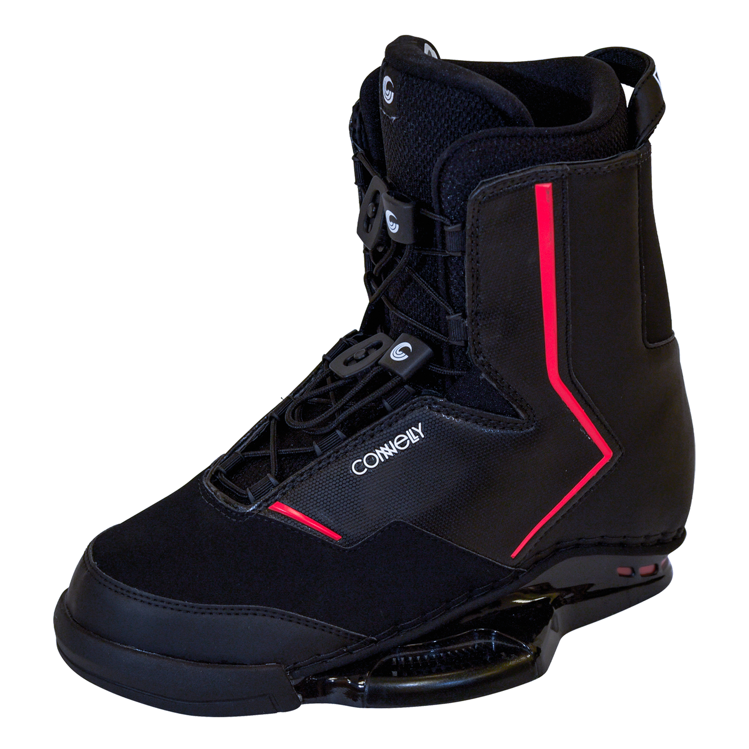 Right angled view of the Faction wakeboard binding with a black boot, red trim, lace-up system, and ergonomic ankle support.