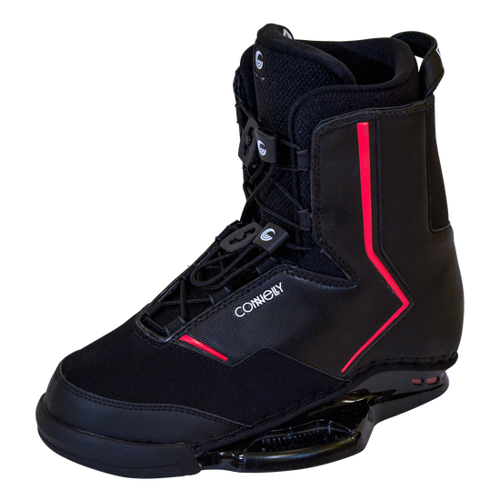 Right angled view of the Faction wakeboard binding with a black boot, red trim, lace-up system, and ergonomic ankle support.