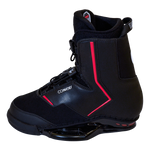 Left side view of the Faction wakeboard binding with a black boot, red accents, lace-up system, and reinforced ankle support.