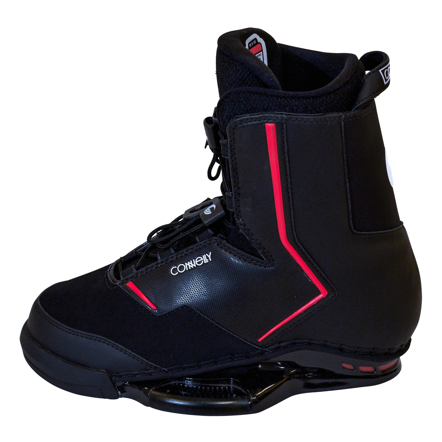 Left side view of the Faction wakeboard binding with a black boot, red accents, lace-up system, and reinforced ankle support.