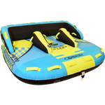 Front view of the Hydro 3 towable tube with a blue and yellow design, padded black seating, and multiple grab handles.