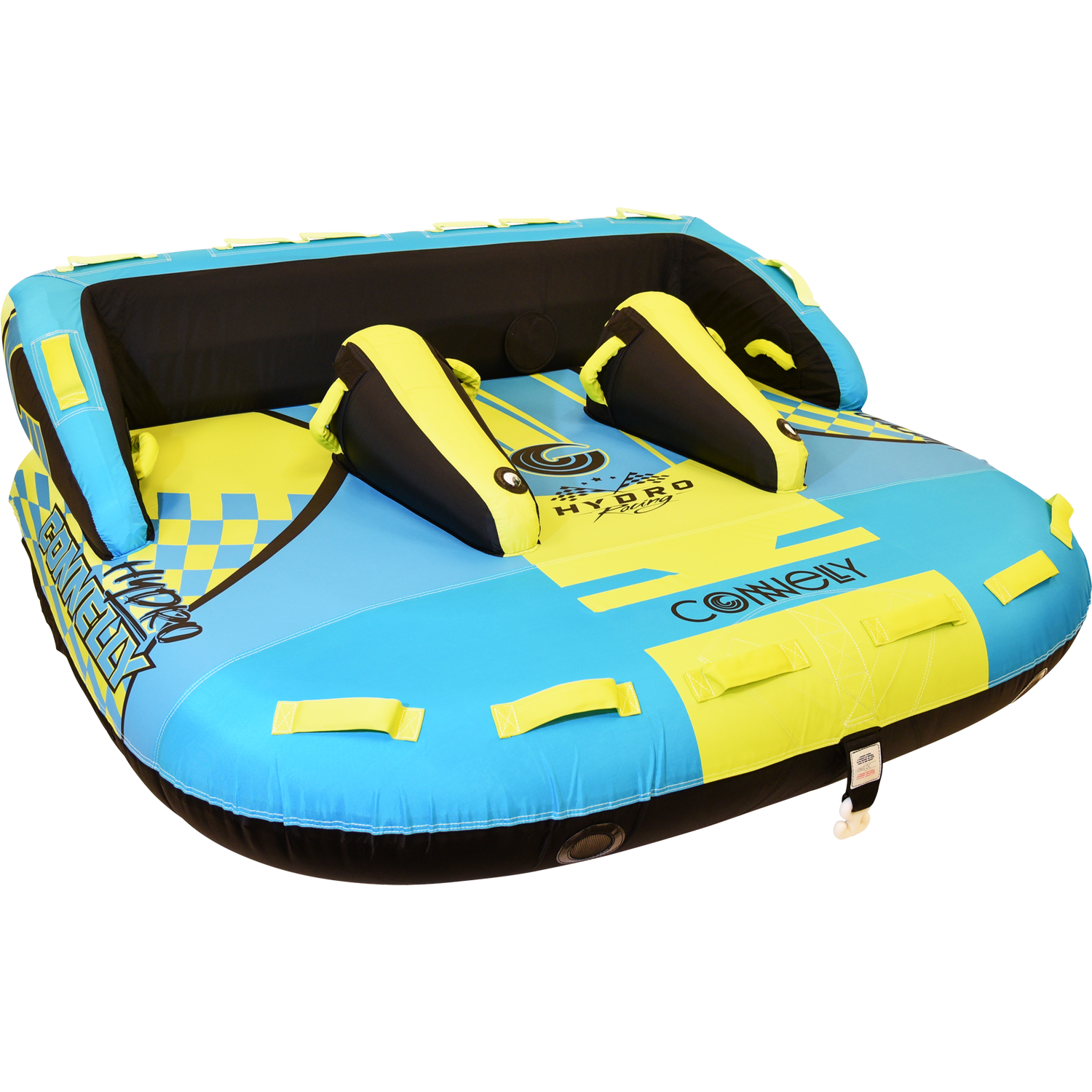 Front view of the Hydro 3 towable tube with a blue and yellow design, padded black seating, and multiple grab handles.