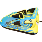 Side view of the Hydro 3 towable tube with black seating, blue and yellow checkered accents, and multiple handles for grip.