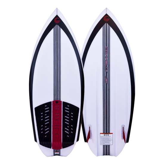 Top and base view of the Jet wakesurfer with a white base, black accents, red traction pad, pointed nose and swallow tail.