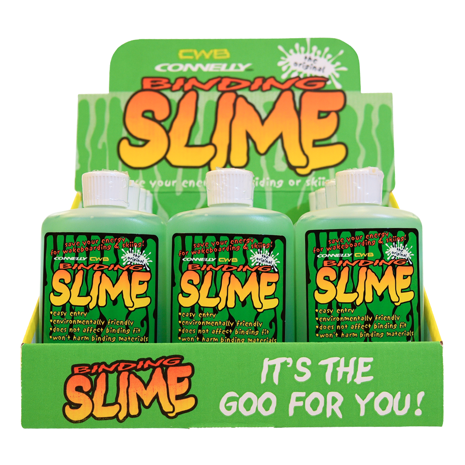 Binding Slime 8oz 12-pack display with bright green bottles, flip-top caps, and eco-friendly formula for easy entry.