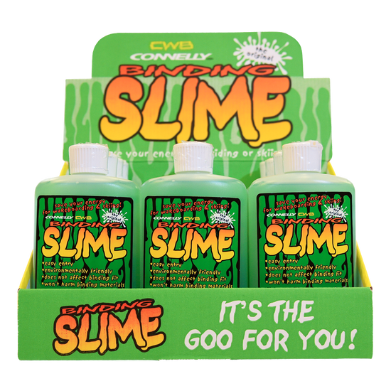 Binding Slime 8oz 12-pack display with bright green bottles, flip-top caps, and eco-friendly formula for easy entry.