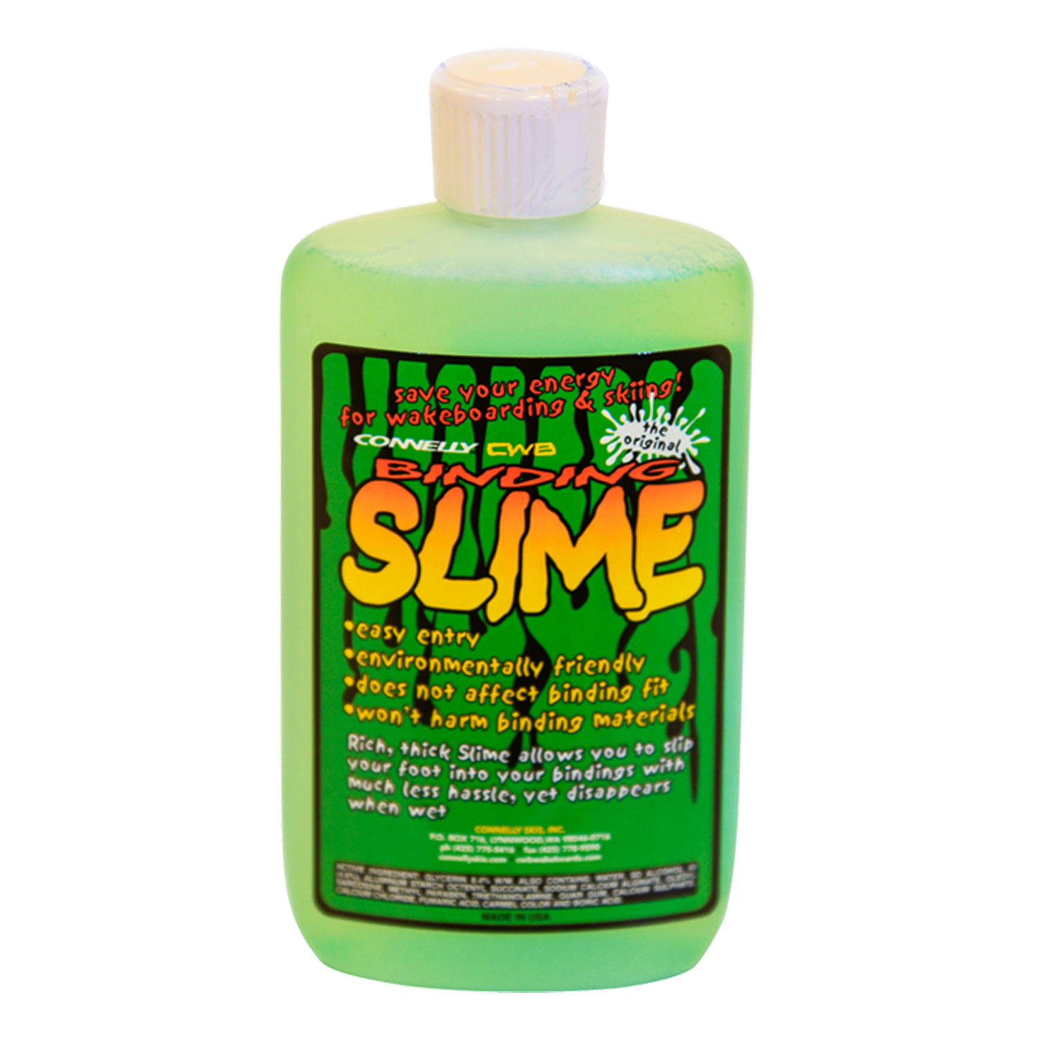 Bright green Binding Slime in an 8-ounce bottle with a flip-top cap and label promoting its eco-friendly, easy-entry formula.