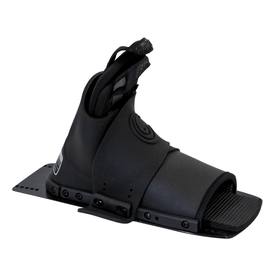 Angled view of the Stoker Rear binding in black, showcasing the ergonomic design, open-toe fit, and secure fastening system.