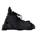 Side view of the Swerve water ski binding in black with subtle texture, adjustable laces, and reinforced panels.