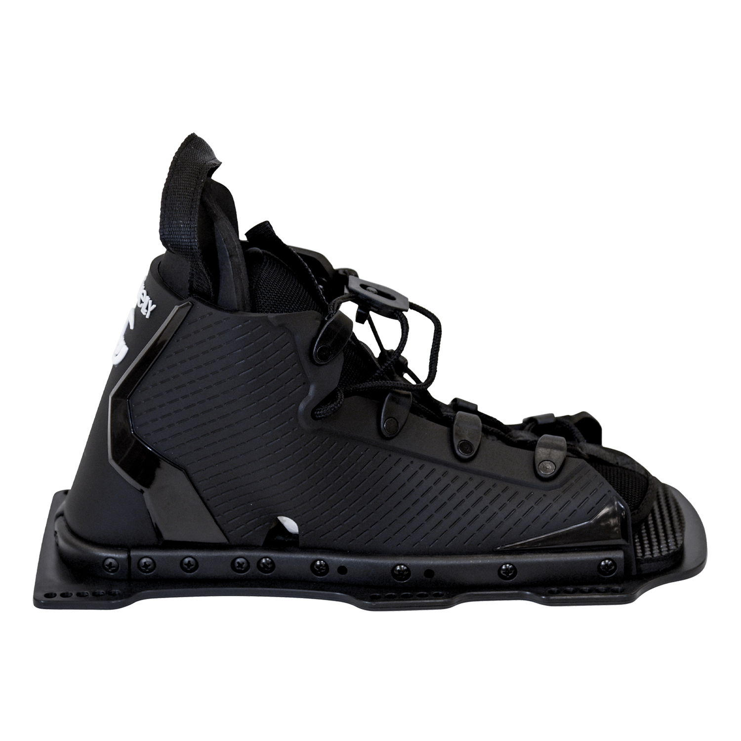 Side view of the Swerve water ski binding in black with subtle texture, adjustable laces, and reinforced panels.