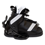 Left-side view of the black Tyke waterski binding with white accents, adjustable straps, and a secure locking mechanism.