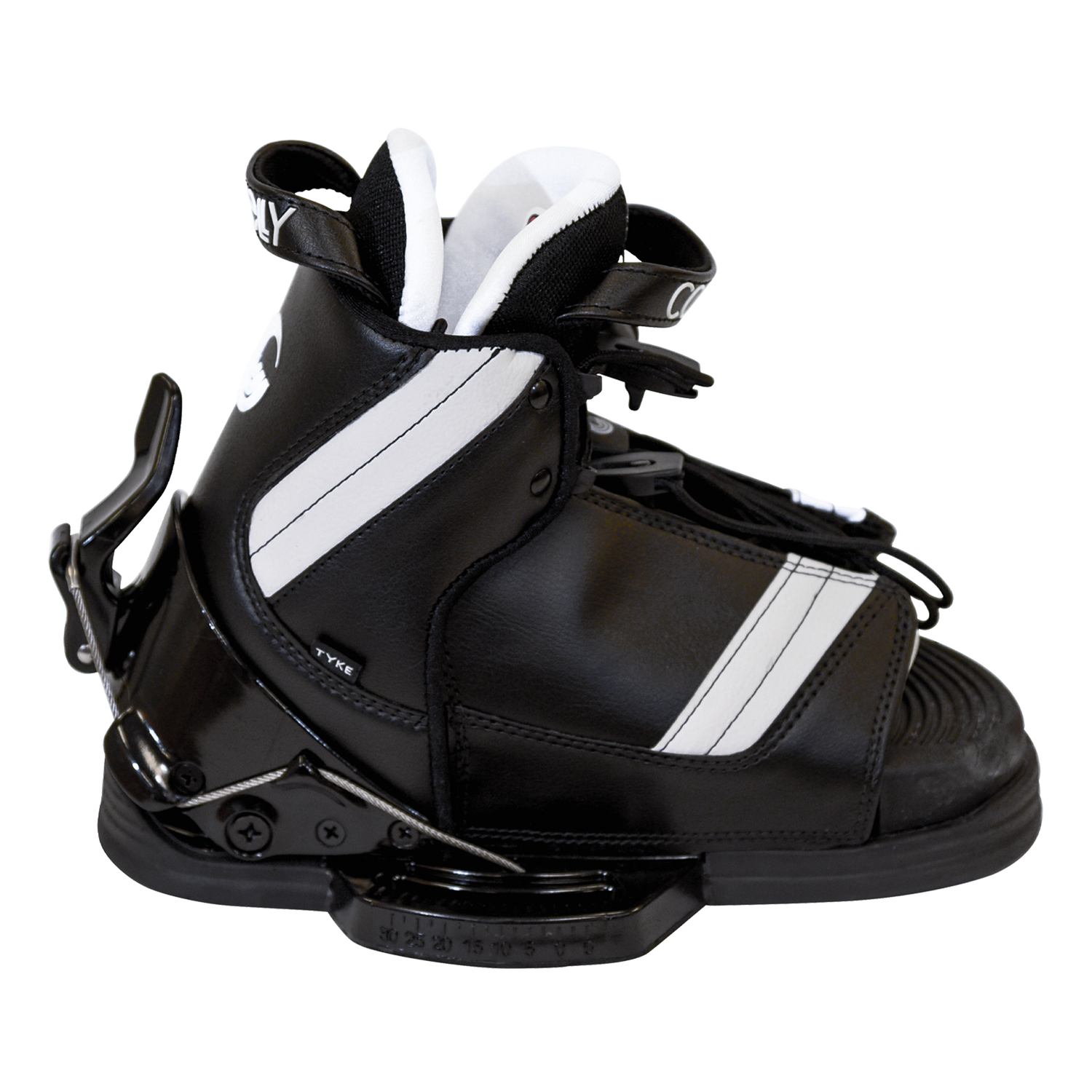 Left-side view of the black Tyke waterski binding with white accents, adjustable straps, and a secure locking mechanism.