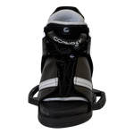 Front view of the black and white Tyke waterski binding with a lace-up closure, padded tongue, and open-toe construction.