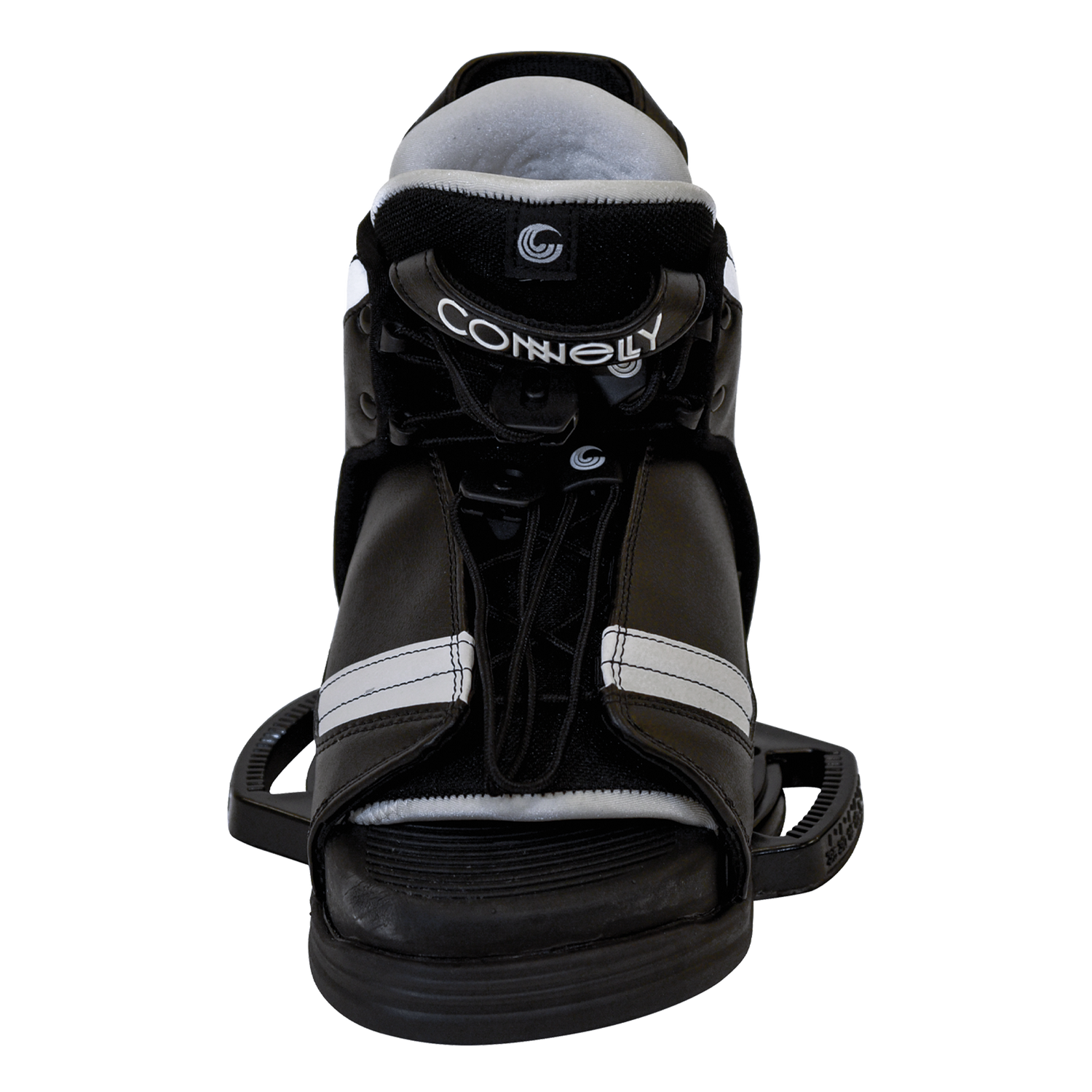 Front view of the black and white Tyke waterski binding with a lace-up closure, padded tongue, and open-toe construction.